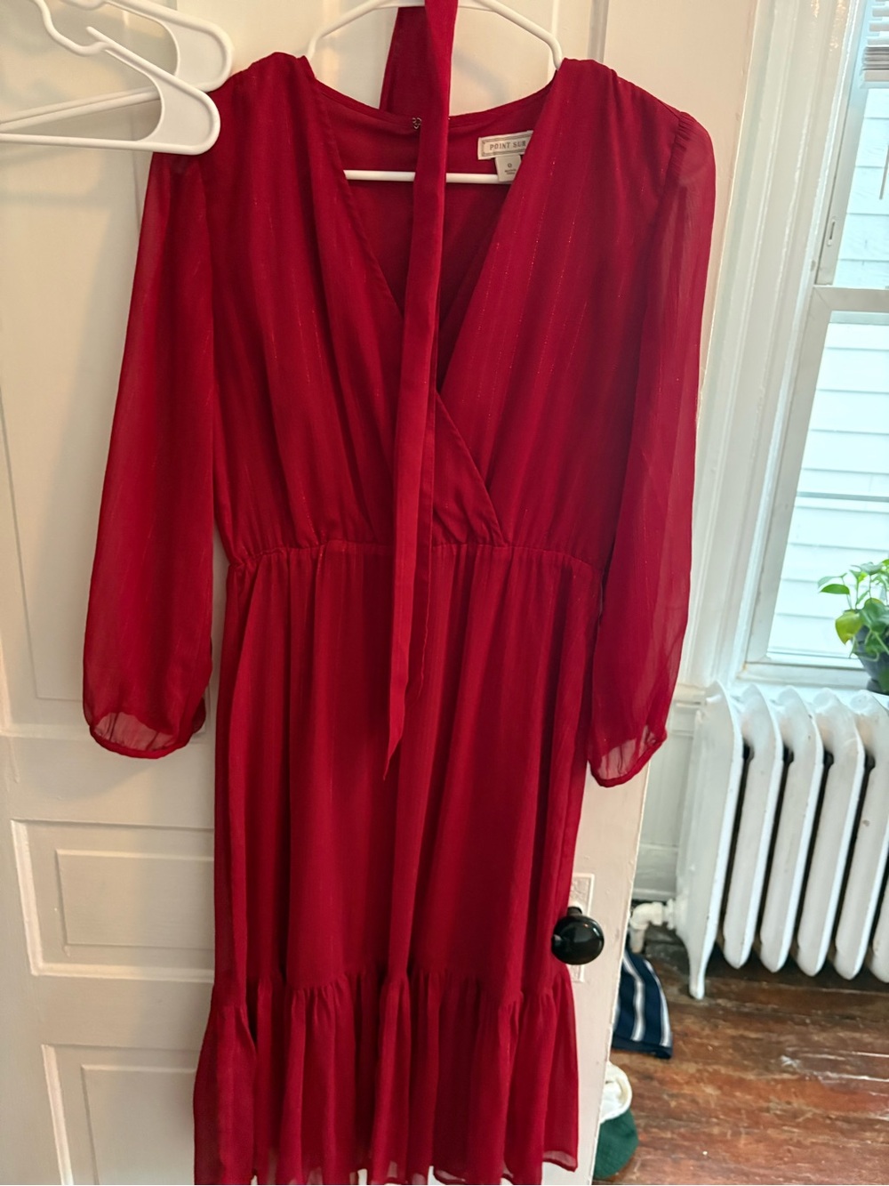 Point Sur Red Long-Sleeve V-Neck Midi Dress